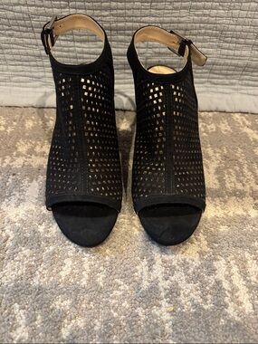 Unisa Black Perforated Peep-Toe Ankle Strap Heels